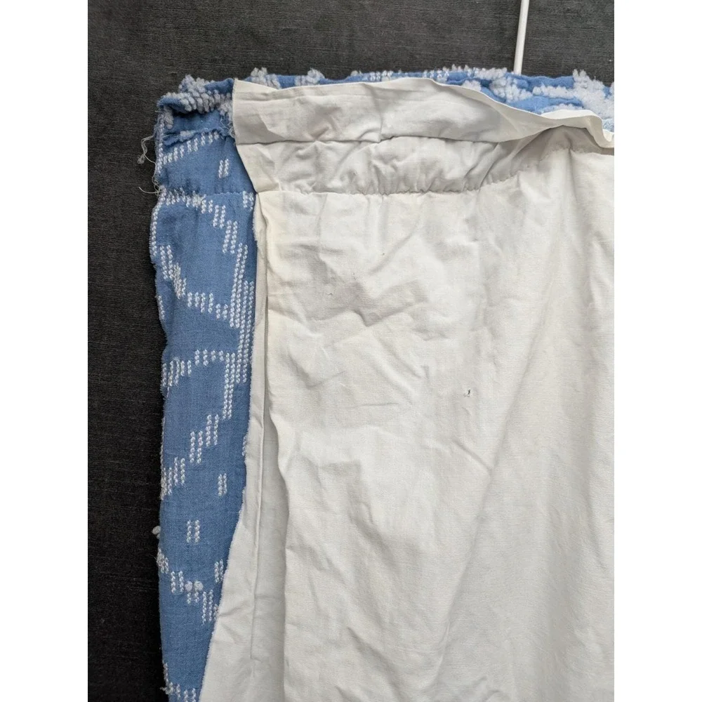 Vtg Bath Curtains Double Wedding Ring Chenille Drapes Blue White Pair Rod Pocket